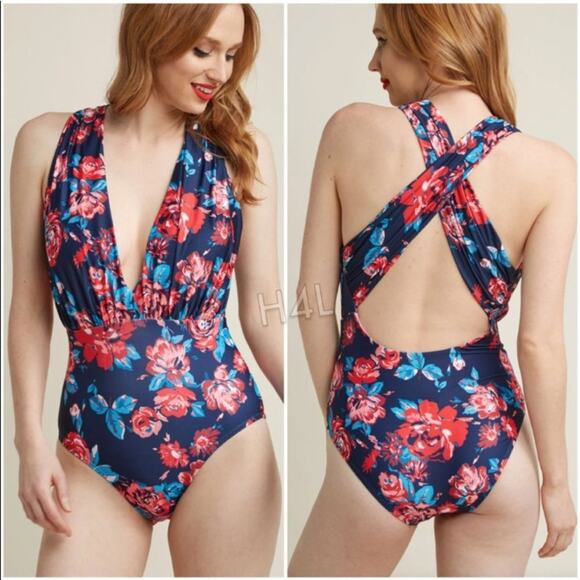 High Drive by ModCloth Deep V-Neck Floral Navy/Red One-Piece Bathing Suit - Picture 1 of 9